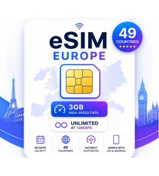 eSIM Europe - 3GB High-Speed, Then Unlimited Data at 128kbps valid for 30 Days Android Key EUROPE